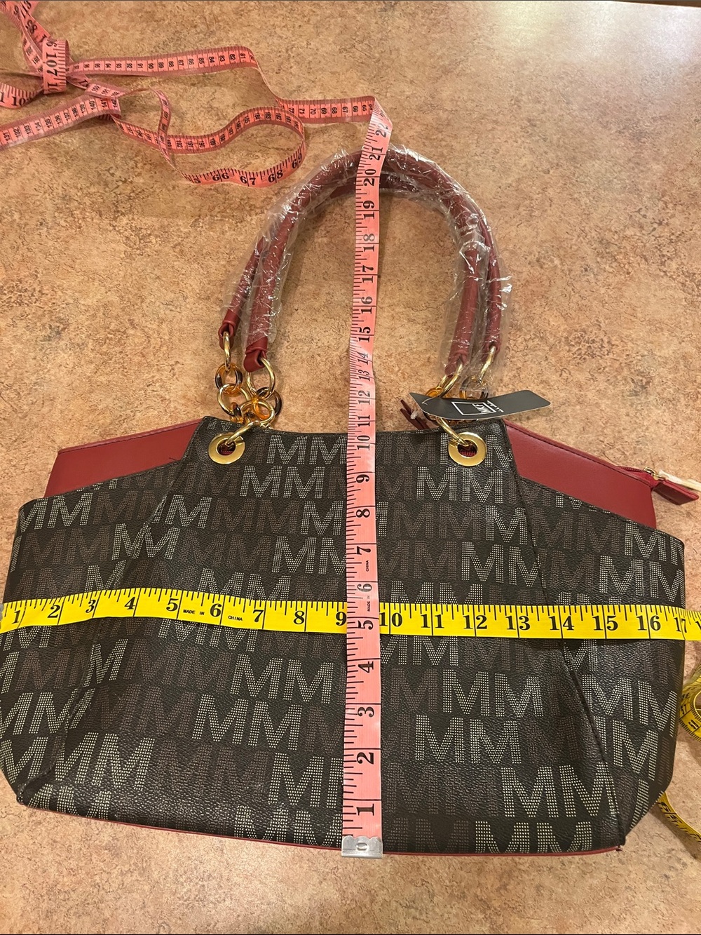 Monogram Print Tote Bag with Red Trim
